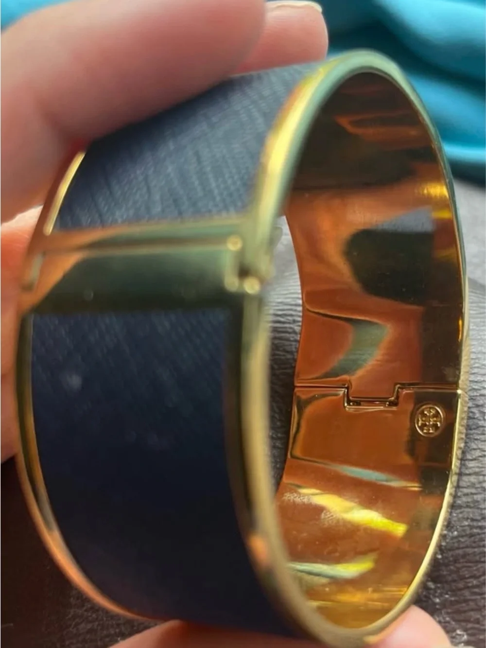 Tory Burch Gold and Black Leather Cuff Bracelet